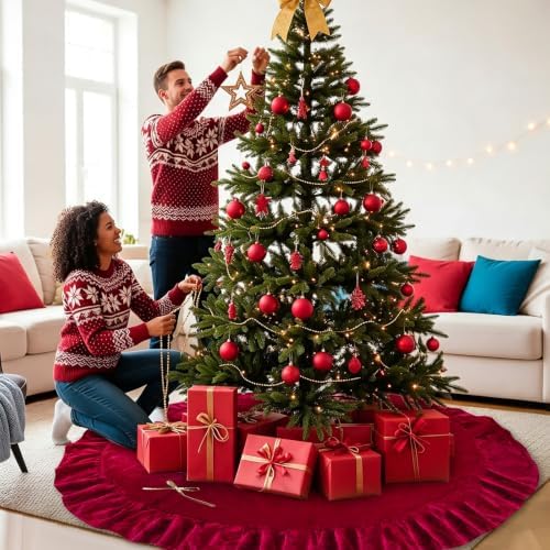 72 Inches Velvet Christmas Tree Skirt Decorations Red Luxury Xmas Fur Plush Skirts for Merry Christmas Party Rustic Vintage Holiday Home Winter - Image 7