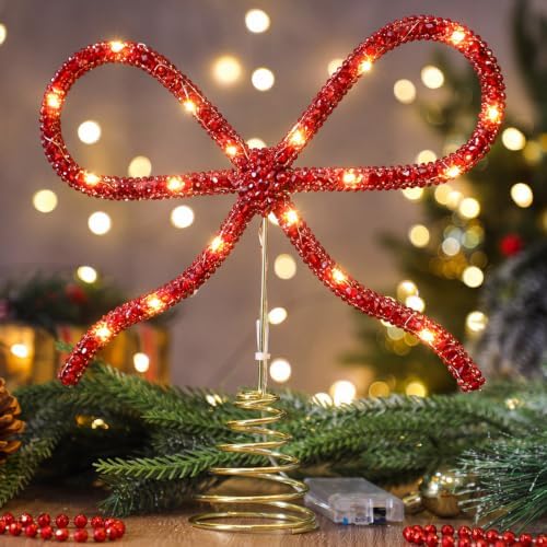 Retisee 9.8 Inch Bow Christmas Tree Topper LED Rhinestone Decor, Red - Image 2