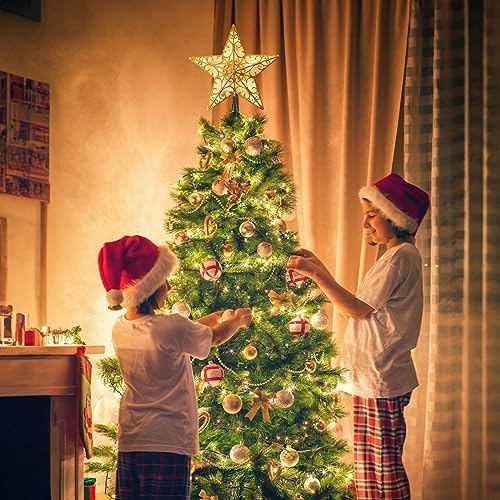 Christmas Star Tree Topper, 9.5 in Plug in Golden Glittered 3D Star Tree Topper, Metal Hollow Designed Built-in 10 Bulbs String Lights for Indoor Office Christmas New Year Holiday Tree Decoration - Image 5