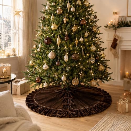 59-Inch Chocolate Brown Ruffled Velvet Christmas Tree Skirt with Bow Ties, Extra Large Vintage Round Pleated Xmas Tree Base Cover for Christmas Holiday Home and Party Decor, 150 cm - Image 5