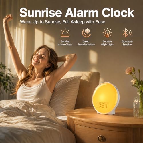 JALL Full-Screen Wake Up Light Sunrise Alarm Clocks for Bedrooms, White Noise Machine for Heavy Sleepers, 25 Natural Sounds, Dual Alarms, FM Radio, 17 Dimmable Colors, Bluetooth Speaker, Metallic Gray - Image 5