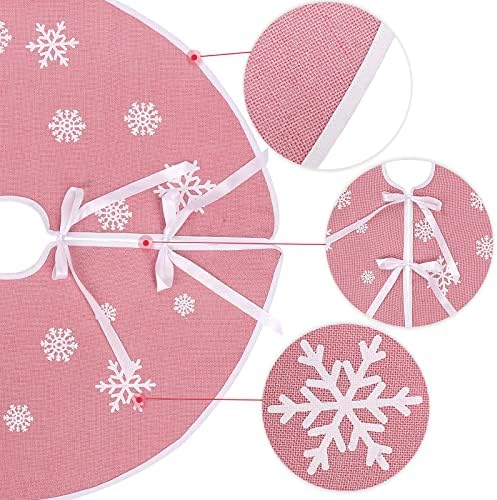 30 Inch Pink Burlap Christmas Tree Skirt with White Snowflakes - Image 2