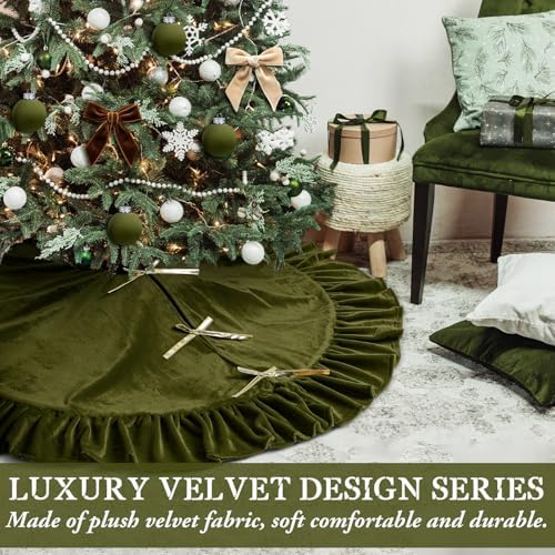 Velvet Christmas Tree Skirt, 48 Inches, Bow Style, Olive Green - Image 5