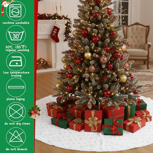 Libima 84 Inches Large Christmas Tree Skirt Faux Fur Xmas Tree Skirt White Plush Velvet with Gold Sequins Snowflakes for Xmas Decorations Merry Christmas Party Winter Home Holiday Ornaments - Image 3