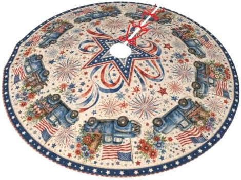 4th of July Truck Christmas Tree Skirt Tree Mat for Xmas Holiday Party Decorations Indoor Outdoor 36 Inch - Image 2
