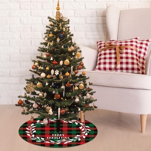 2-Piece Mini Christmas Tree Skirt - 15 Inch Buffalo Check Plaid Tree Skirt - Red & Black Plaid - Snowflake, Reindeer & Santa Designs - Image 6