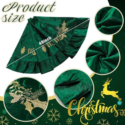 48 inches Velvet Christmas Tree Skirt Red Wine Gold Fur Plush Tree Skirt Luxury Xmas Skirts for Merry Christmas Party Vintage Holiday Decorations(Green with Gold Embroidered Holly) - Image 2