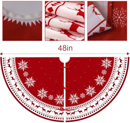 Christmas Tree Skirt 48 inch Tree Skirt Large Snowflake Reindeer Red Xmas Tree Skirt Rustic Christmas Decorations for Winter New Year Holiday Party Decor Indoor Outdoor (48in Large) - Image 5