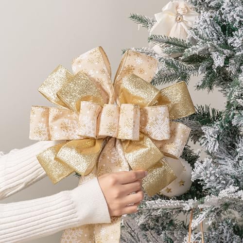 Christmas Tree Topper, 40x13 Inches Toppers Bow with Glitter Satin Mesh Streamer and Patterned Ribbon, Christmas Tree Topper Bow for Christmas Home Decoration (Gold) - Image 5