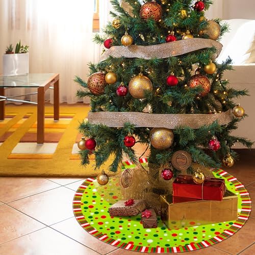 Christmas Tree Skirt 48 Inches, Velvet Stripes Trimmed Tree Skirt with Red Green White Polka Dots Design for Holiday Party Decor - Image 5