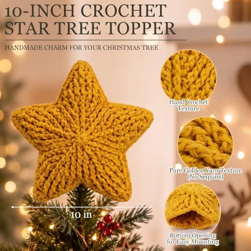 Syhood 10 Inch Crochet Star Christmas Tree Topper Golden Christmas Ornament Glitter Star Farmhouse Holiday Xmas Decor for Xmas Trees Ornament Party Decoration - Image 5