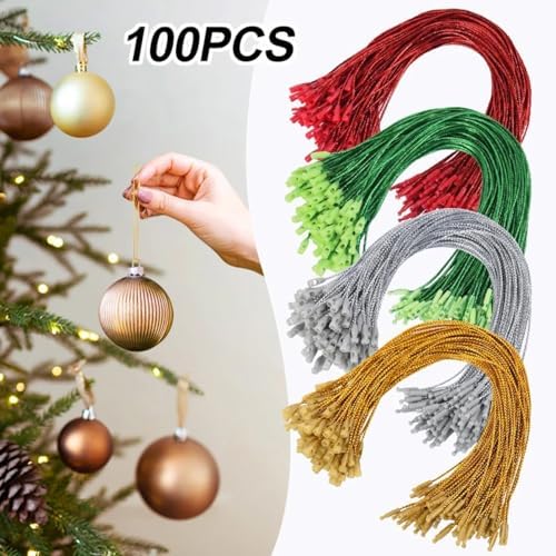 100pcs Ornament Hangers String, 7.87 Inch Precut Metallic Tinsel Rope Ornament Hanging Ropes with Snap Fastener for Christmas Tree Baubles Tags Party Favor, Green - Image 3