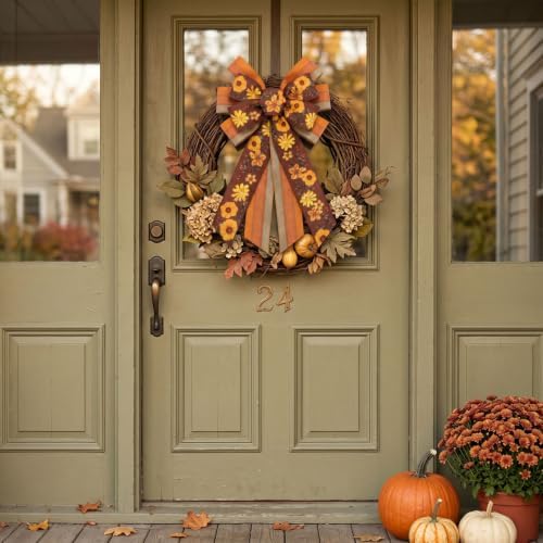 Large Thanksgiving Fall Wreath Bow, Orange Floral Tree Topper Bows - Image 3