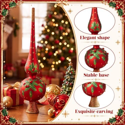 Gejoy Mercury Glass Christmas Finials Tree Topper Poinsettia Red Ornaments - Image 5