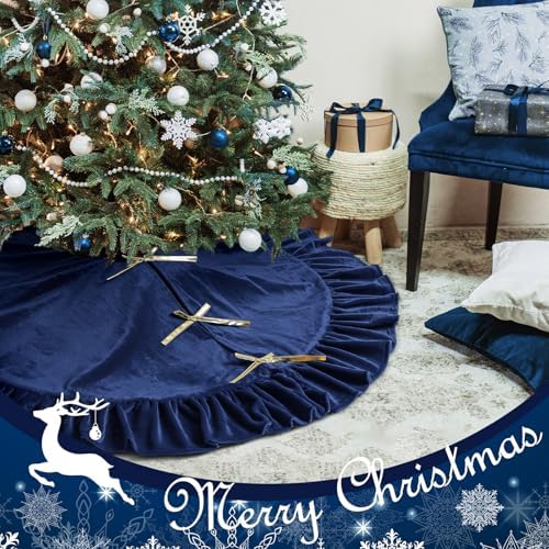 Velvet Christmas Tree Skirt, 48 Inches, Bow Style, Blue - Image 5