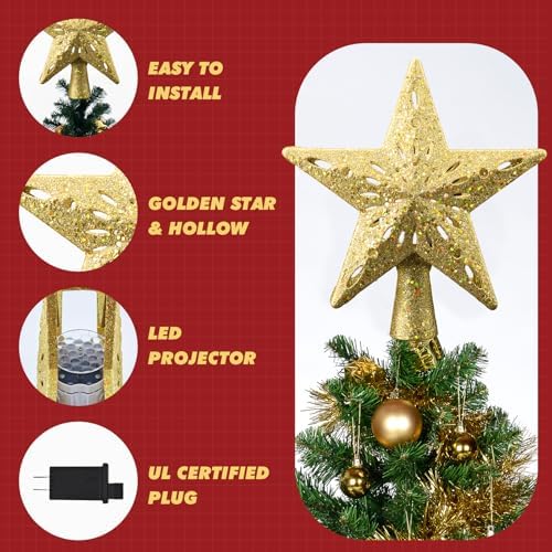 Christmas Tree Topper Lighted Star,3D Hollow Sparkling Star Christmas Tree Topper with 6 Patterns Rotating Magic Cool White Snowflake Projector, Plug in Gold Tree Topper for Tree Ornament - Image 4