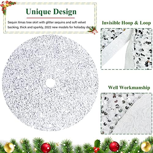 Velvet Christmas Tree Skirt White and Silver Sequin Tree Skirt 21 Inch Round Tree Mat Luxury Embroidered Sequined and Velvety Xmas Tree Skirts Sparkly Skirt for Small Tree Christmas Holiday Decor - Image 3
