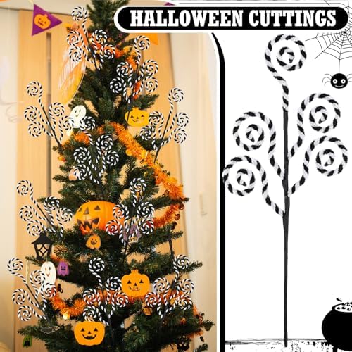 6 Pcs Christmas Tree Picks Decor Halloween Worm 16'' Black White Christmas Ornament Tree Topper Lollipop Stick Candy Cane Plush Decor Woolen Bells Curly Pick Branch for Vase Wreath Home DIY Craft - Image 6