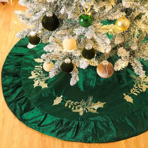 48 inches Velvet Christmas Tree Skirt Red Wine Gold Fur Plush Tree Skirt Luxury Xmas Skirts for Merry Christmas Party Vintage Holiday Decorations(Green with Gold Embroidered Holly) - Image 4