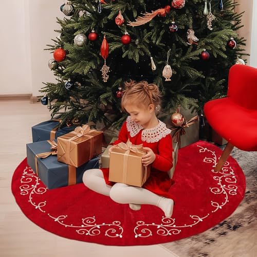 60inch Extra Large Christmas Tree Skirt Red Luxury Velvet Plush Fur Skirts Baroque Tree Skirts with Gold Embroidered Pearls and Crystals Trees Skirt for Christmas Holiday Party Home Decorations - Image 4