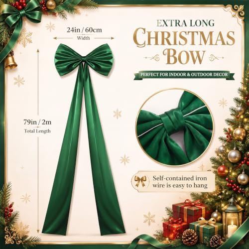Daifunli 24 x 79 Inches Giant Satin Bow Christmas Tree Topper,Green - Image 2