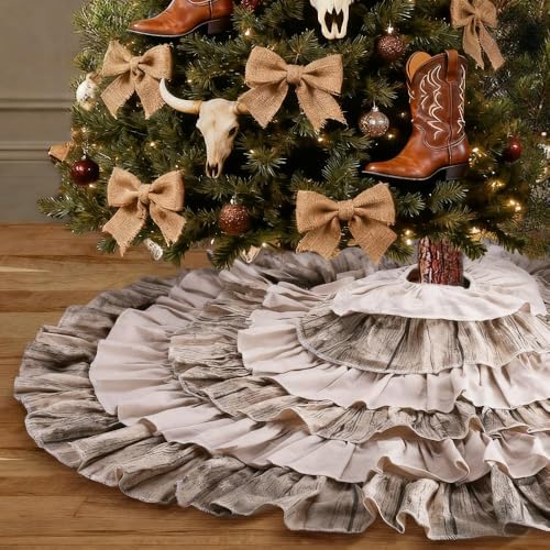 yuboo 48 Inch Western Farmhouse Tree Skirt, 6-Layer Ruffled Wood Grain & Burlap Design, Rustic Country Cowboy Holiday Decoration for 6-7.5 Ft Trees by yuboohomedecorations