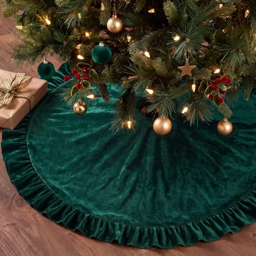 Velvet Christmas Tree Skirt, 48 Inches, Bow Style, Dark Green - Image 4