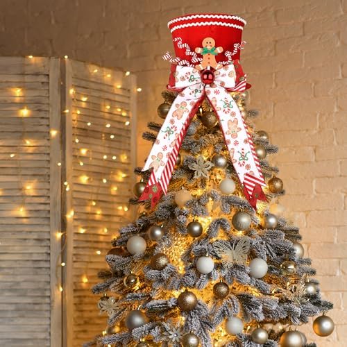 HMASYO Gingerbread Christmas Tree Topper, Velvet Red Tree Topper Hat with Candy Cane Gingerbread Ornament Bows, Top Hat Xmas Tree Topper for Home Office Holiday Tree Decoration Xmas Festive Gift - Image 4