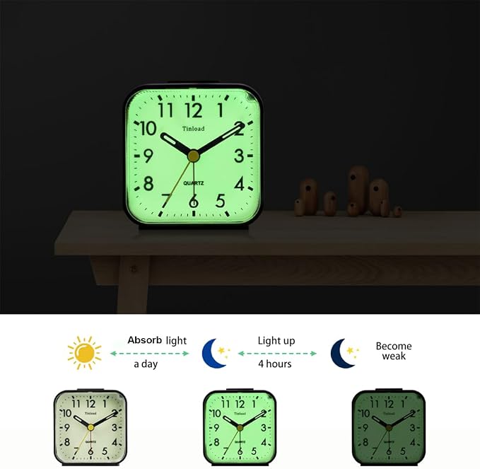 Tinload Small Battery Operated Analog Travel Alarm Clock Silent Non Ticking,Gentle Wake, Ascending Beep Sounds, Snooze,Lighted on Demand, Glow in Dark dial,Easy Set - Image 3