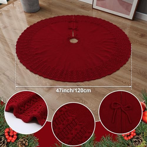 NIBESSER Red Knit Christmas Tree Skirt 48" for Christmas Decorations - Yarn Thick Rustic Cable Knit Tree Skirt Mat for Home Party Holiday Ornaments - Image 3