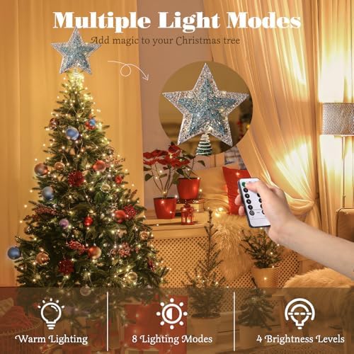 Lewondr Lighted Christmas Star Tree Topper with Remote & Timer, Blue&Silver - Image 2