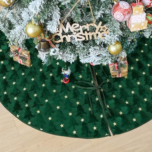 AVOIN colorlife Soft Plush Faux Fur Christmas Tree Skirt 48 Inch, Jacquard Green Xmas Star Pine Trees Winter Holiday Mat Decoration by AVOINcolorlife