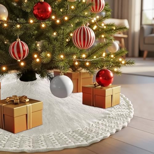 Christmas Tree Skirt 36 Inch Knitted Xmas Tree Skirt Cable Knit Tree Skirt Christmas Tree Decorations for Farmhouse Xmas Holiday Home Party (White, 36in) - Image 4