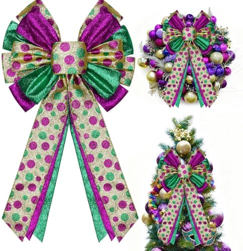 Mardi Gras Tree Topper Bow Decorations,12?€?x20?€? Large Glitter Wreath Bow Decor for Tree Holiday Party Wall Home Front Door Float Golf Cart Gold Green Purple by brand