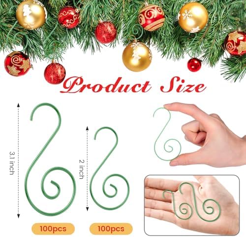 Teenyyou 200 Pcs Christmas Ornaments Hooks, 2 Inch and 3.1 Inch S Shaped Christmas Tree Ornament Hangers Xmas Swirl Metal Hanging Hooks for Xmas Tree Balls Decoration(Green) - Image 2