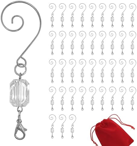 Christmas Ornament Hooks Clear Acrylic with Silver Wire, Pack of 40 Decorative Ornament Hangers, 3 Inch Tree Hooks for Holiday Ornaments, Baubles, Keepsakes, Stockings, Garland & Tree Decorating by BANBERRYDESIGNS