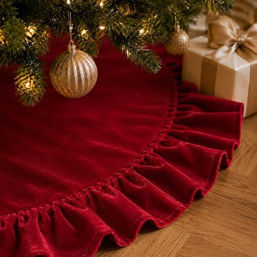 48-Inch Dark Red Ruffled Velvet Christmas Tree Skirt with 3 Bow Ties, Large Round Vintage Xmas Tree Base Cover for Christmas, New Year, Home Holida Party Decor, 122 cm - Image 2
