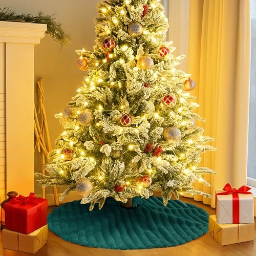 Christmas Tree Skirt Green Plush 36 inch Faux Fur Xmas Tree Skirt Soft Plush Stripe Textured Pattern for Holiday Party Christmas Tree Decorations - Image 2