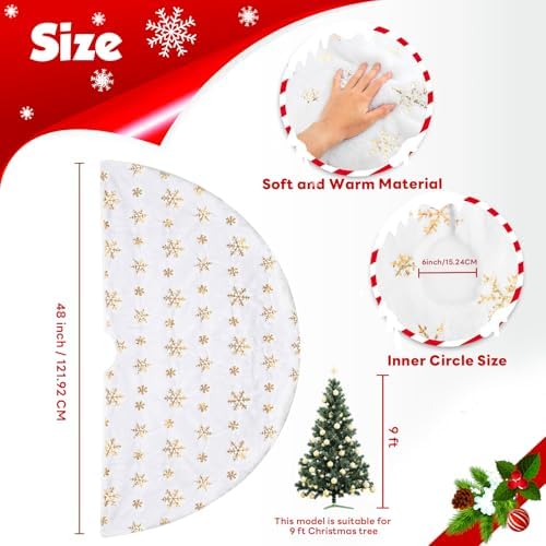 Christmas Tree Skirt 48Inch, Holiday Part Decorations for Christmas Tree, Whit Plush Glod Sequin Snowflake Tree Shirt for Xmas - Image 2