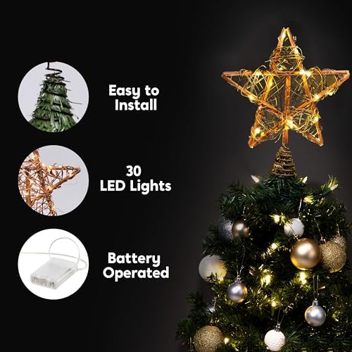 Joiedomi 8 Inch Christmas Tree Toppers, 30 LED Rustic Rattan Star Lighted for Xmas Decorations, Holiday Party Indoor Decor - Image 3