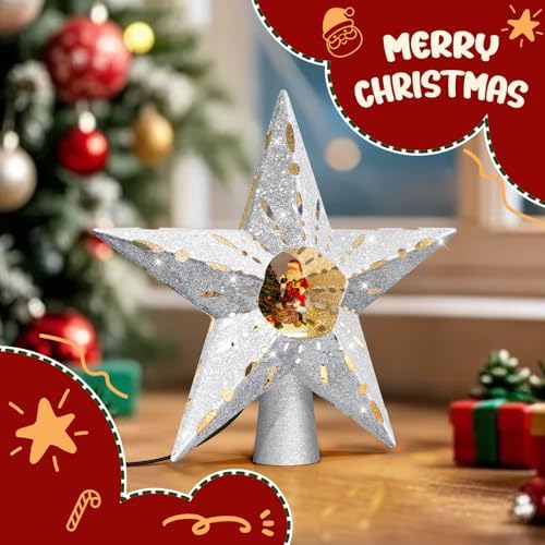 Silver Rotating Christmas Tree Topper Star with Santa Scene, 4 Warm Yellow LED Lights, Spinning Motion, Glitter Silver Finish, Tree Decoration with 9.8FT Power Cord for Holiday Home Decor - Image 7