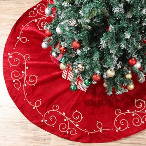 36inch Christmas Tree Skirt Red Luxury Velvet Plush Fur Skirts Baroque Tree Skirts with Gold Embroidered Pearls and Crystals Xmas Velvet Trees Skirt for Christmas Holiday Party Home Decorations - Image 4