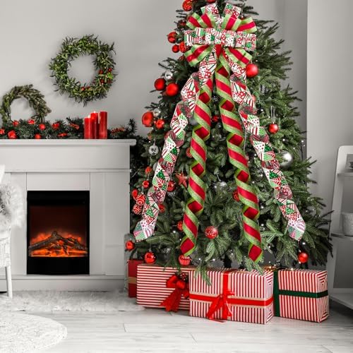 WRAPAHOLIC Large Christmas Tree Topper Bow - 13 x 52 Inch Red and Green Christmas Tree Topper Ribbon Bow Wreath Bows with Wired Edge for Xmas Ornament Indoor Outdoor Decoration - Image 4