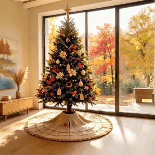 Yuboo 48" Burlap Christmas Tree Skirt with 3-Layer Tassel Design, Brown Rustic Farmhouse Jute Linen Large Fall Tree Skirt for Wedding, Birthday, Christmas Decor by yuboohomedecorations