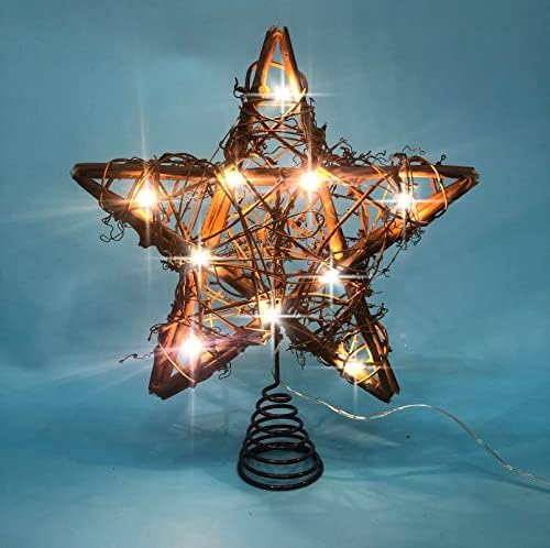 Christmas Tree Topper Farmhouse Christmas Decor Christmas Tree Decorations Rattan Natural Christmas Tree Star with 10 Warm LED Lights for Rustic Christmas Ornaments Holiday Seasonal Decoration 10 Inch by LAWOHO