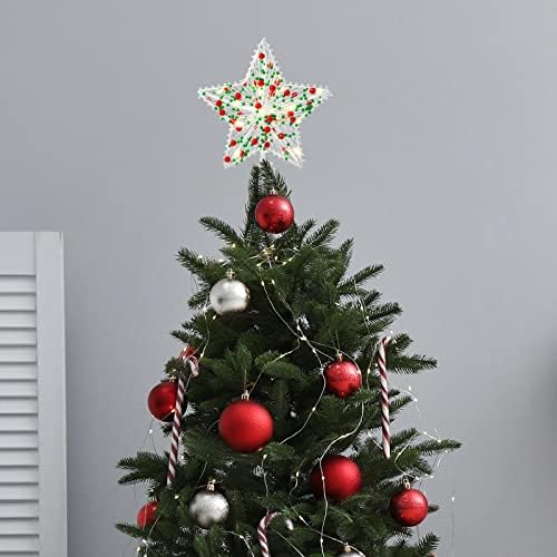 Whaline Christmas Star Tree Topper 8.3 Inch Red Green Berries Dotted 3D Star Treetop LED Lighted Battery Powered Unique Design Xmas Tree Ornament for Christmas Party Indoor Outdoor Home Decoration - Image 4