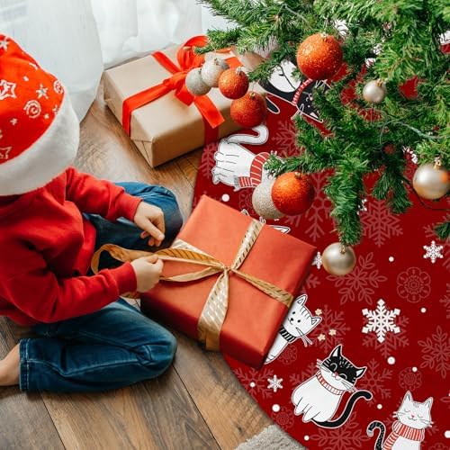 Cats Christmas Tree Skirt 48 Inch Red Xmas Tree Skirt Snowflakes Tree Mat Decorations for Winter Holiday Party Home Decor Indoor Outdoor Ornaments - Image 3