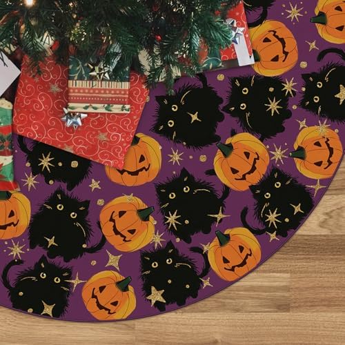 GAGEC Halloween Tree Skirt Purple Tree Mat Funny Black Cat Pumpkins Tree Decor 48inch for Halloween Christmas Indoor Outdoor Decorations by GAGEC