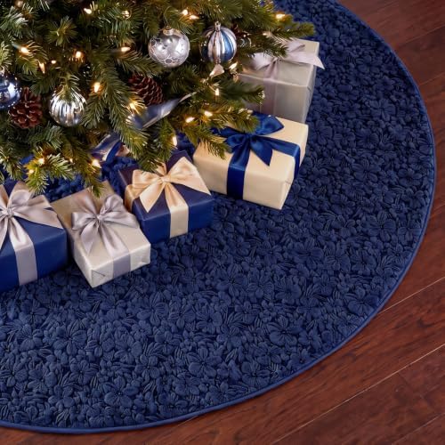Skylety 48'' Christmas Tree Skirt Rug Embossing Xmas Tree Skirt, Navy by Skylety