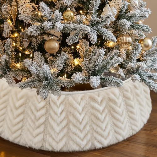 OurWarm Adjustable White Christmas Tree Collar, Rustic Faux Fur Tree Skirt for Xmas Trees Decorations, Farmhouse Christmas Tree Ring Base Cover Modern Boho Holiday Winter Decor by OurWarm